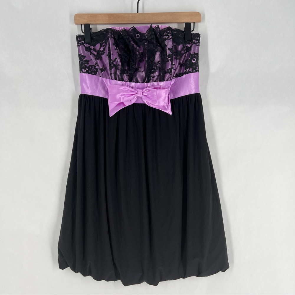 Jessica McClintock Gunne Sax Black Purple Lace Satin Bow Bubble Hem Mini Dress